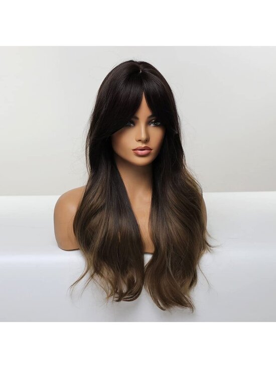 Women Ombre Dark Brown Heat Resistant Long Curly Shoulder Length Synthetic Wigs main image 4